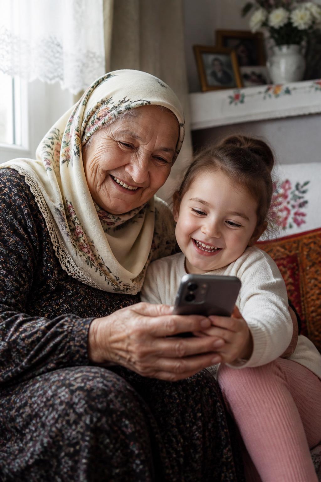 A Bosnian grandmother and her grandchild smiling together as they look at a phone