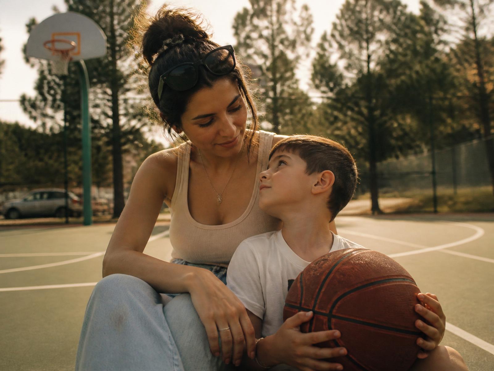 Bosnian mother watching her son in a basketball jersey at a suburban American court