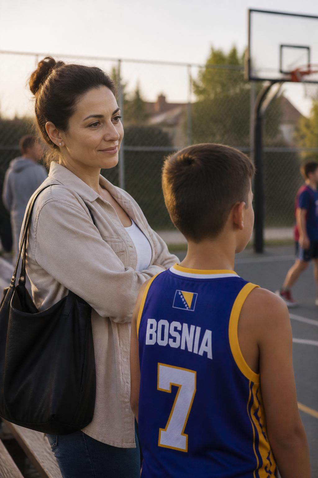Bosnian mother watching her son in a basketball jersey at a suburban American court
