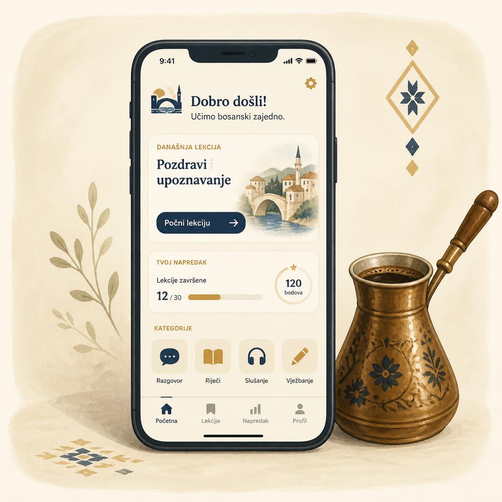 Bosanski app on a phone beside a copper džezva